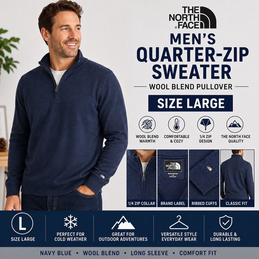 North Face Mens Quarter Zip Sweater Wool Blend Navy Blue Pullover Long Sleeve